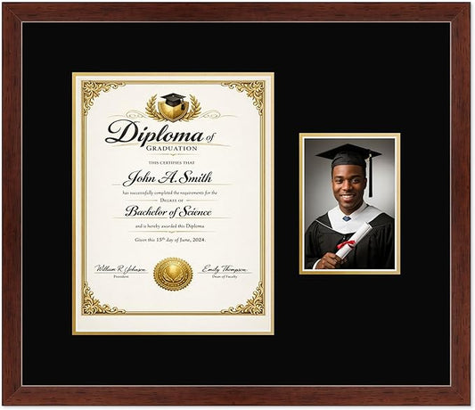 CountryArtHouse Fits 10 x 13 College Diploma (Portrait Traditional) and 5 x 7 Ph Diploma and Photo Frame Rustic Walnut Genuine Hardwood with Black Over Metallic Gold Double mat