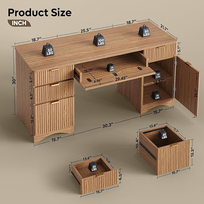 Bestier 63 Inch Fluted Executive Desk with Drawers, Wood Computer Desk with Ample File Drawer, Keyboard Tray & Storage Cabinet, Modern Home Office Desk for Study, Bedroom, Living Room, Brown