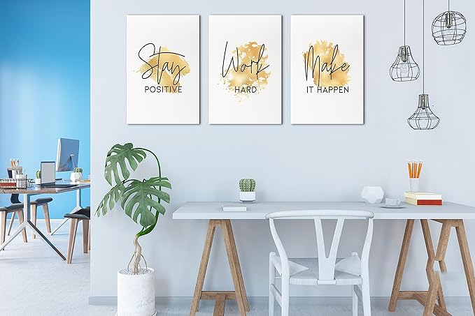 SHMAO Gold Office Canvas Wall Art Motivational Wall Decor, 3 Piece Stay Work Make Print Pictures for Office Wall Decor Women Inspirational Framed Artwork Home Office Decor 16”x24”x3 Panels