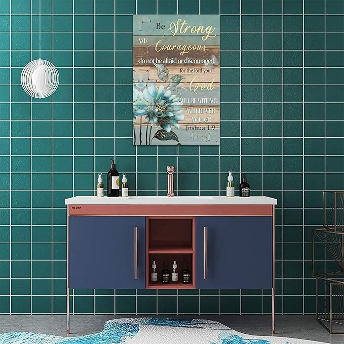 yerretin Christian Wall Art Bible Verse Floral Pictures Wall Decor Religious Scripture Teal Flower Canvas Painting Home Decoration Artwork for Bathroom Bedroom Living Room Office Framed 16"x24"