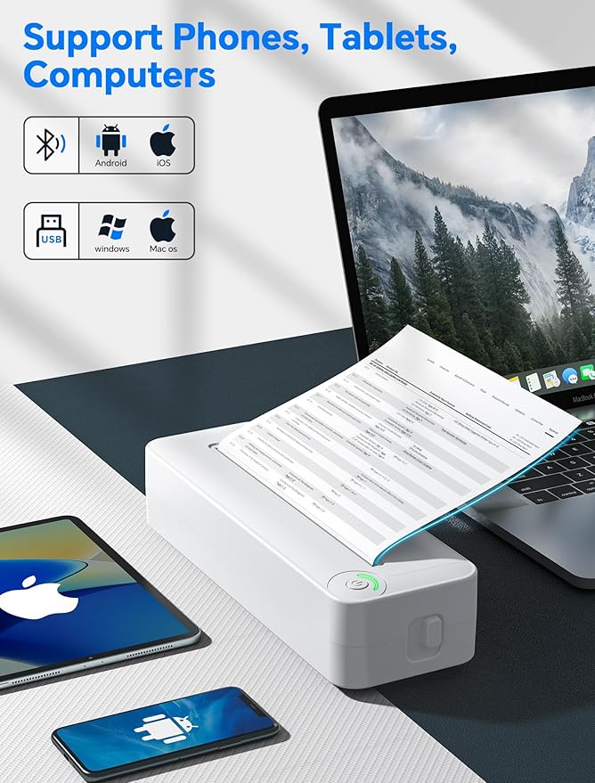 Relassy Portable Wireless Thermal Printer, Inkless A4 Printer for Travel, Home & Office, Compatible with Android, iOS, Laptops, 300DPI Compact Bluetooth Printer with Rechargeable Battery