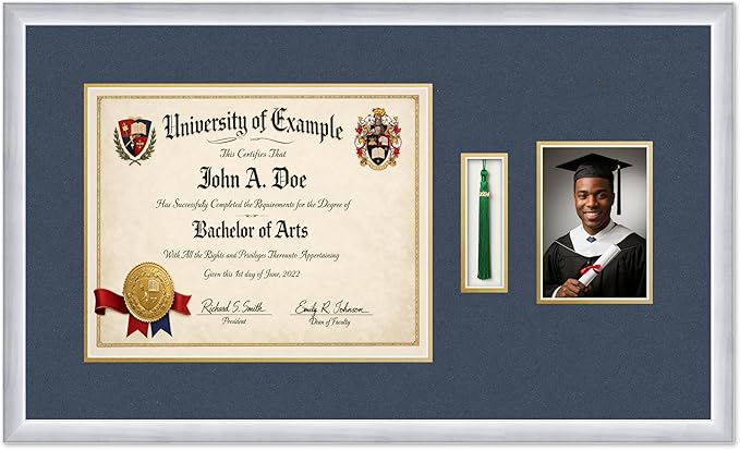 CountryArtHouse Diploma Tassel and Photo Shadowbox Fits 15 x 12 Military/Government with Tassel Ho Stainless Silver Genuine Hardwood with Navy Blue Over Metallic Gold Double mat