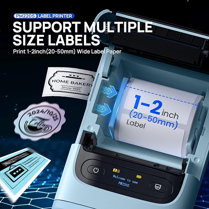 POLONO PM220S Label Maker Machine with Tape, 2 Inch Bluetooth Thermal Label Printer, Portable Sticker Printer for School, Office, Home, Business, Label Maker with 2'' x1.18'' Labels, Blue