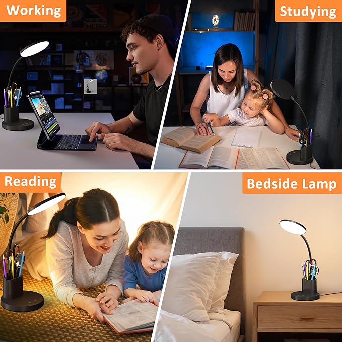 Desk Lamp, LED Desk Lamps for Home Office, Touch Table Lamp with 3 Color Modes 360° Adjustable Arm, Dimmable Desk Light with Pen Phone Holder, Black