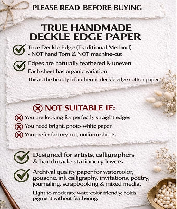 Handmade White Deckle Edge Blank Paper - 2x3 Inch Package of 50 - Mixed Media Loose Leaf Paper for Placecards, Vow Cards, Thick 150 GSM