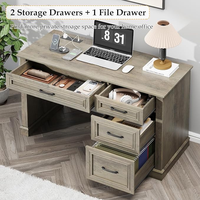 Vabches Farmhouse 47" Executive Desk, Computer Desk with Drawers and File Drawer, Workstation Computer Desk with Charging Station for Home Office,Study,（Dark Grey