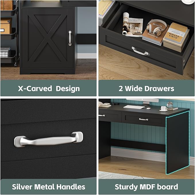 60" Computer Desk with 2 Drawer & Bookshelves, Home Office Desk with Storage Cabinet & Spacious Desktop, Writing Gaming Study Table with Bookcase, Black
