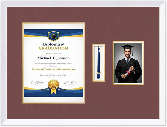 Diploma Tassel and Photo Frame Bright White Shadowbox Dark Red Over Gold Mat - Fits 10 x 13 Degree Picture Made in the USA
