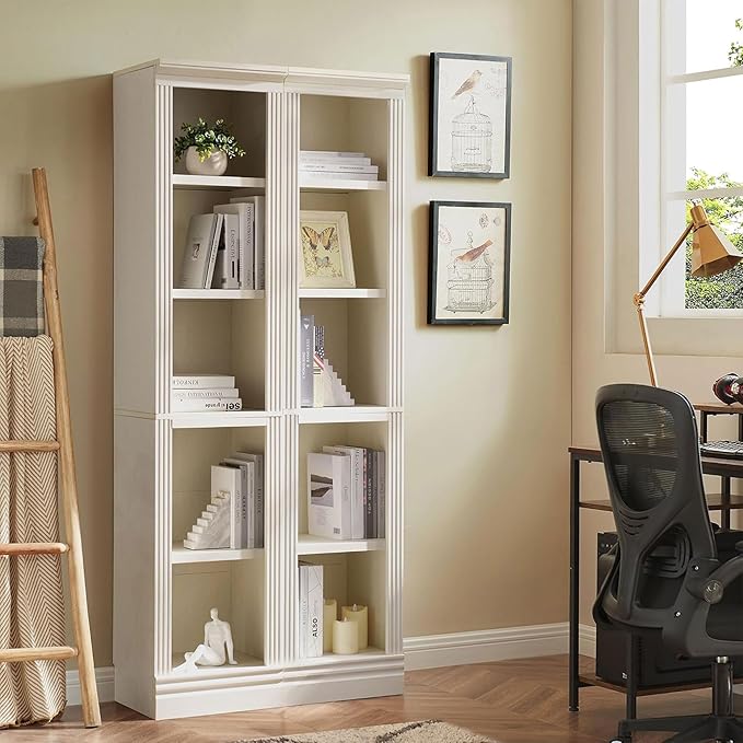 JAHRSTIM Halston Narrow Bookcase, Adjustable Storage Open Display Shelving Unit for Home and Office Space, 15.75”L x 13.78”W x 72.8”H, Cream