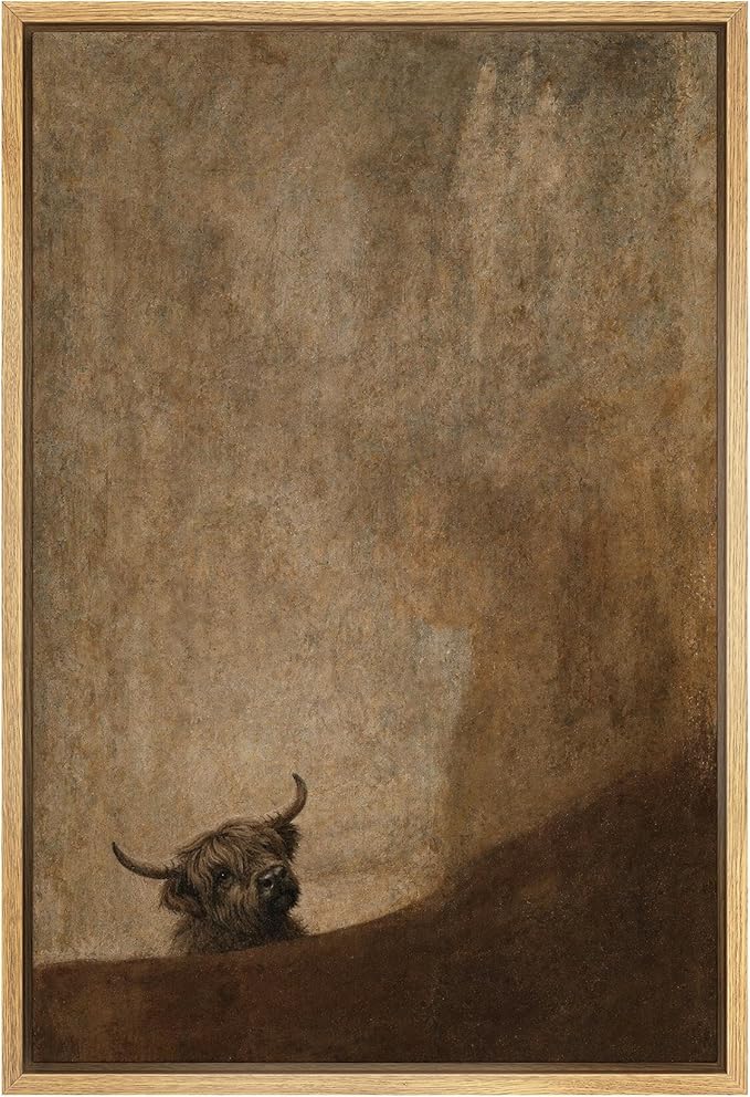 SIGNWIN Framed Canvas Print Wall Art Rustic Highland Cow Portrait in Warm Earth Tones Illustrations Modern Decorative for Living Room, Bedroom, Office - 16"x24" NATURAL