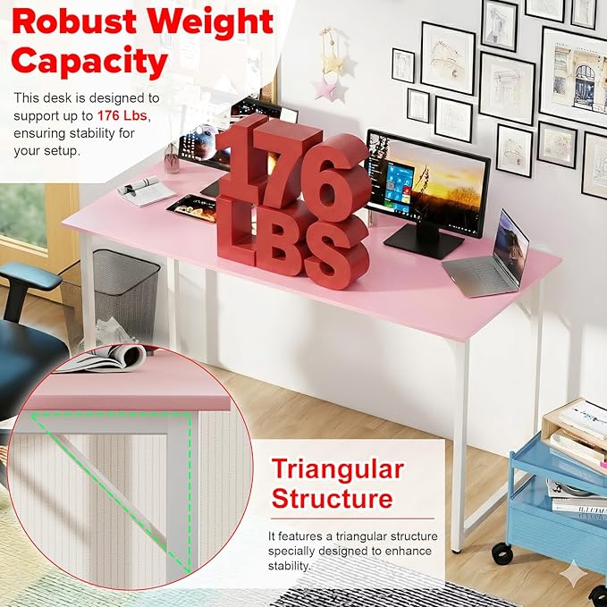 PayLessHere | 55 Inch Computer Desk | Pink | Office Desk with Metal Frame, Adjustable Feet | Water-Resistant, Scratchproof Surface | Sturdy Writing Table for Home Office or Study | Pack of 1