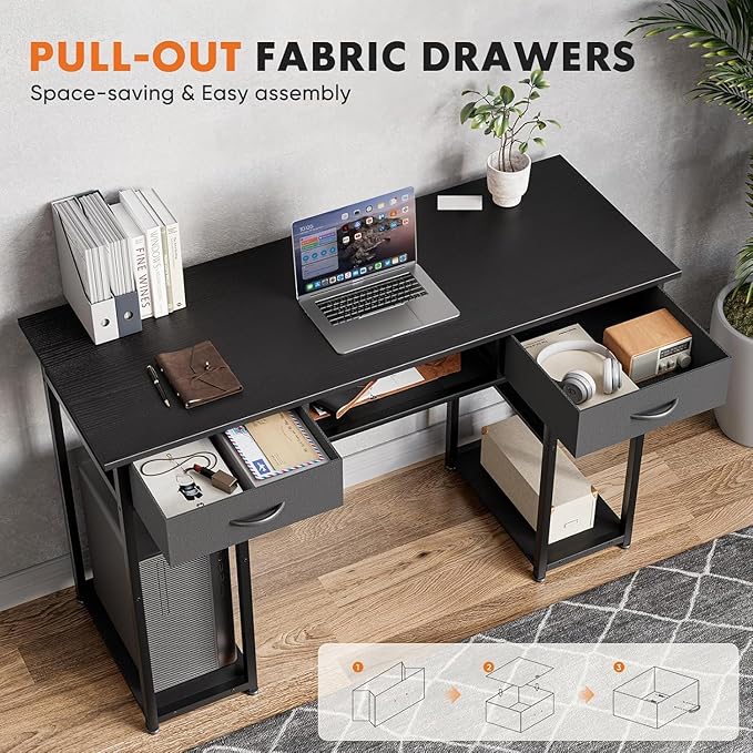 Sweetcrispy Computer Gaming Desk with Drawers- 48 Inch Home Office Bedroom Writing Study PC Table with Storage Shelves, Metal Frame Adjustable Feet, Pure Black