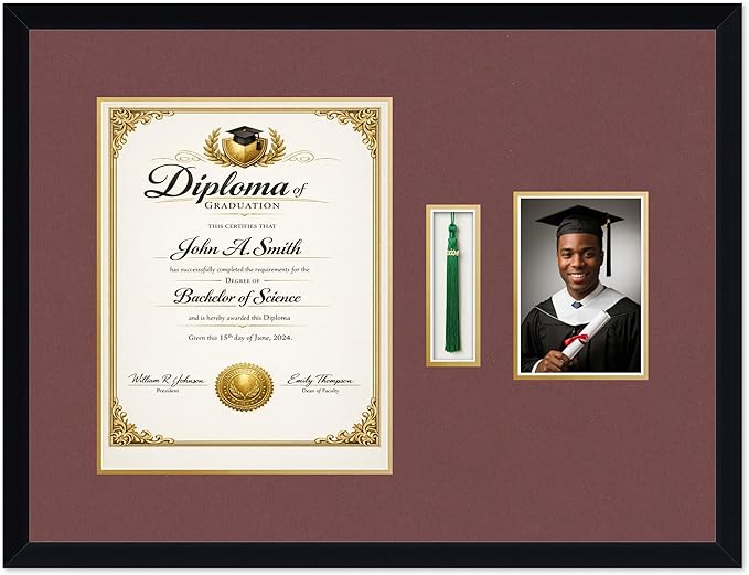 CountryArtHouse Diploma Tassel and Photo Shadowbox Fits 11 x 14 College Diploma (Portrait) with Tassel H Matte Black Genuine Hardwood with Dark Red Over Metallic Gold Double mat