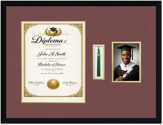 CountryArtHouse Diploma Tassel and Photo Shadowbox Fits 11 x 14 College Diploma (Portrait) with Tassel H Matte Black Genuine Hardwood with Dark Red Over Metallic Gold Double mat