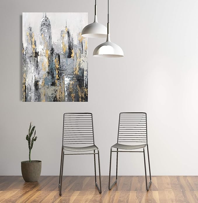 Yihui Arts Modern Abstract Cityscape Canvas Wall Art Painting with Gold Foil Hand Painted Building Pictures for Living Room Decoration