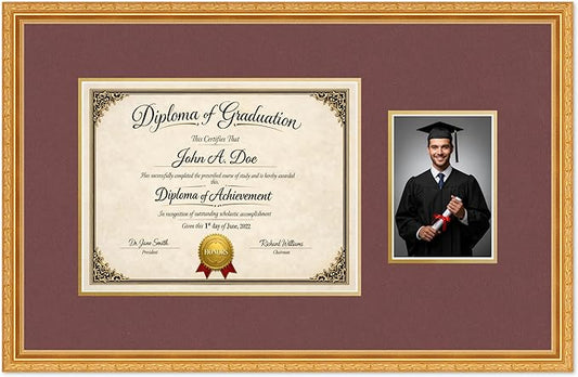 Diploma Frame With Photo Opening Museum Gold Dark Red Over Gold Mat - Fits 13 x 10 Degree and Picture Made in the USA