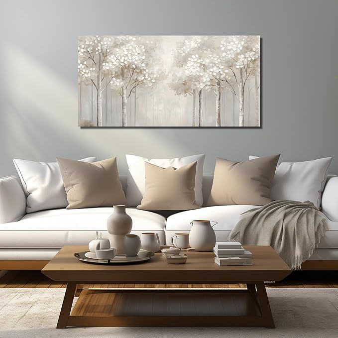 ANCXWOTER Large Forest Wall Art for Living Room Light Grayish-White Misty Birch Tree Picture for Bedroom Office Modern Landscapes Canvas Prints Ready to Hang 20x40 Inch（This color is a kind of light beige with a hint of gray, misty and dim.）