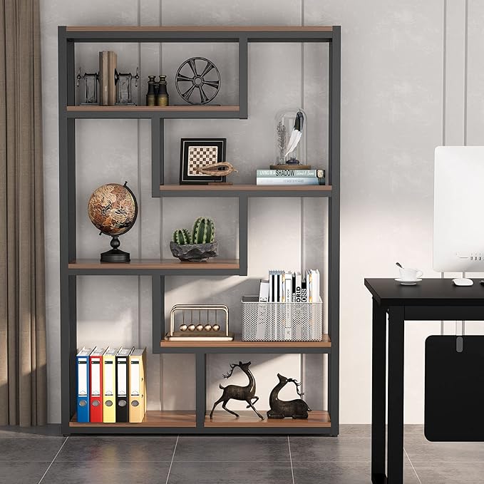 Tribesigns Way to Origin 6-Shelf Industrial Bookshelf, Vintage Etagere Bookcase, 69 Inch Tall Storage Display Staggered Shelves with Sturdy Metal Frame for Home Office, Dark Walnut & Black