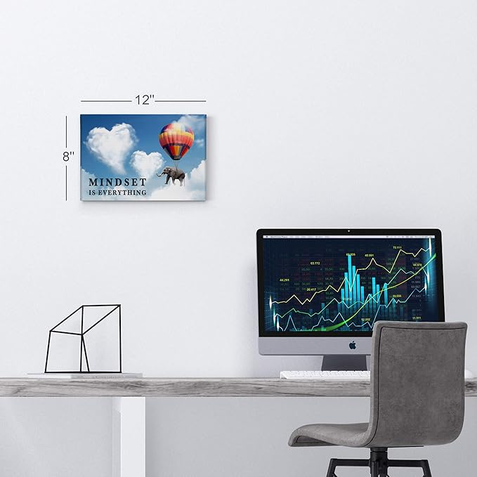 Smile Art Design Mindset is Everything Quote Elephant with Balloon Blue Sky Motivational Wall Art Canvas Print Inspirational Wall Art Entrepreneur Quote Office Decor Artwork Gift Ready to Hang 8x12