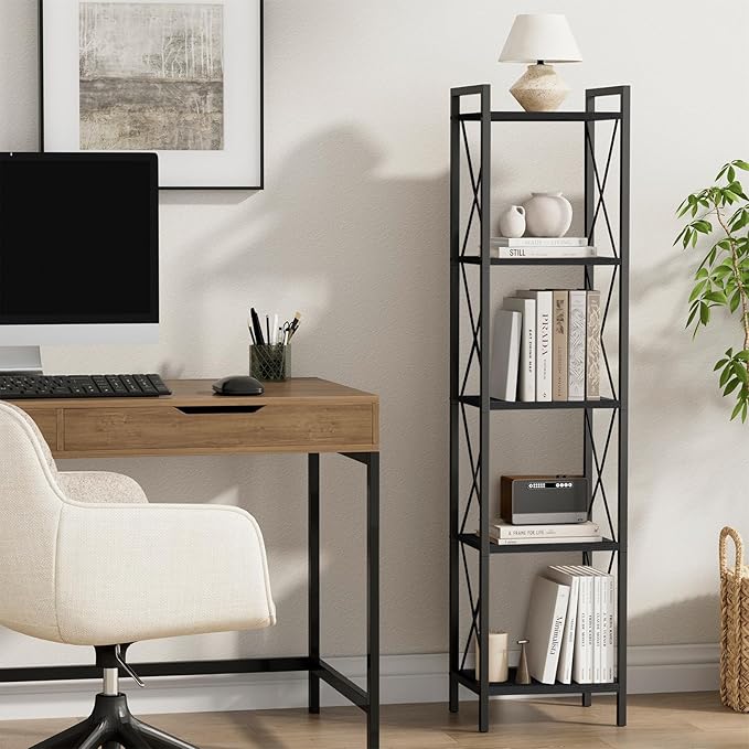Homhedy 5 Tier Bookshelf, Tall Narrow Bookcase for Small Space, Metal Storage Book Shelf, for Home Office, Living Room, Kitchen, Bedroom, Industrial Style, 10.4" D x 13" W x 55.1" H, Black