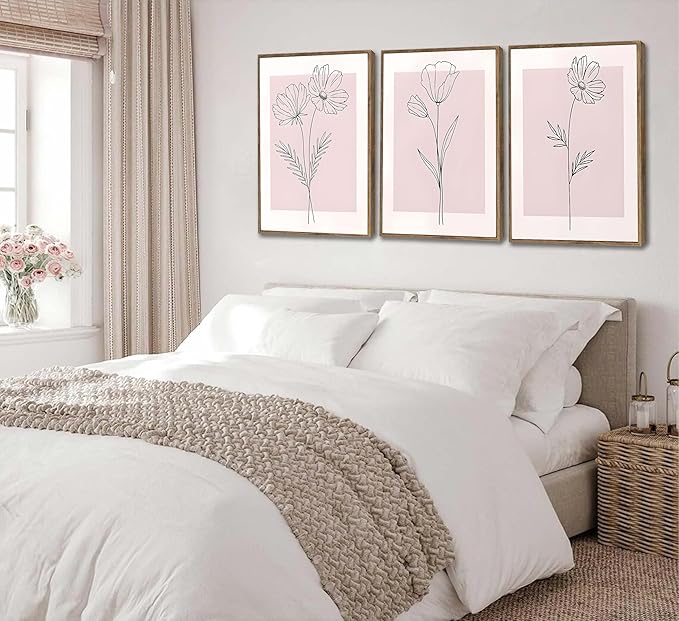 3Pcs Framed Minimalism Botanical Canvas Wall Art Pink Flowers Line Plants Pictures Wall Decor Posters Print Artwork for Girls' Room Living Room Bedroom Bathroom Office Home Decoration