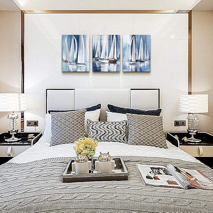3 Piece Framed Canvas Wall Art For Living Room Large Size Bedroom Wall Decor Art Ocean Landscape Sea Sailboat Abstract Canvas Painting Ready To Hang Office Home Decoration Poster Pictures Artworks