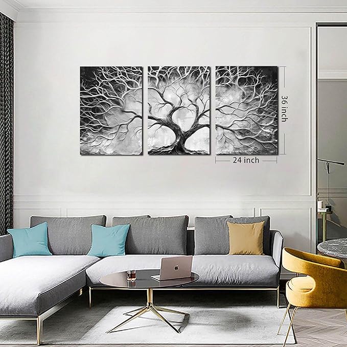 Tree Wall Pictures for Living Room - Black and White Wall Art for Office Decor - Modern 3 Piece Wall Art for Bedroom Size 24" x 36"