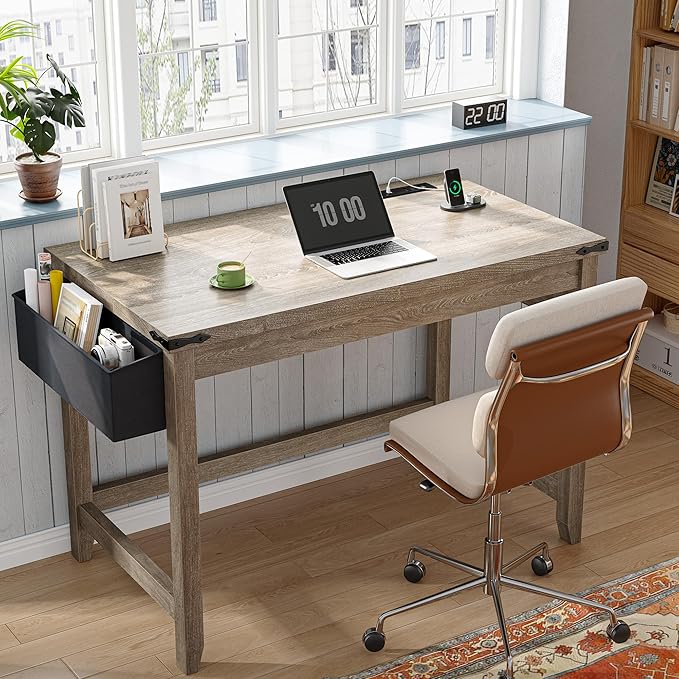 EnHomee 32" Small Desk Thickened & Reinforced with Power Outlet, Sturdy Computer Desk with Storage Bag Detachable,Affordable Luxury Home Office Desk and Writing Desk for Small Spaces,Ash Gray