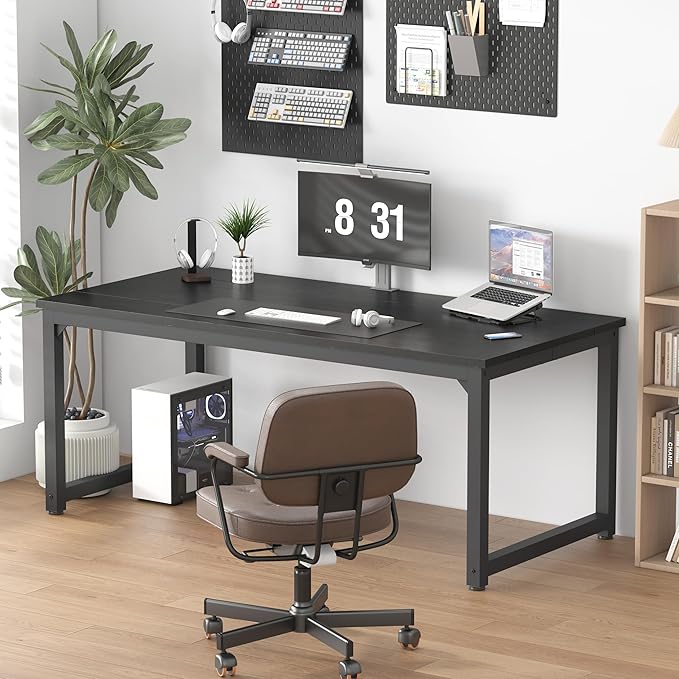 NSdirect 70.9" Computer Desk,Large Home Office Desk Wide Workstation 1 inch Thicker Tabletop for Writing,Games and Home Work PC Desk Modern Finish Wood Board and Sturdy Steel Legs, Black