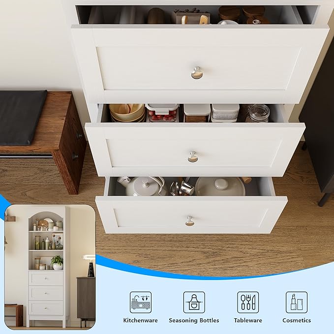 71" H Tall Bookshelf with Drawers, Farmhouse Book Shelf with 3-Tier Open Shelves, Wooden Bookcase with Storage Drawers, Freestanding Bookshelves for Bedroom, Living Room, White