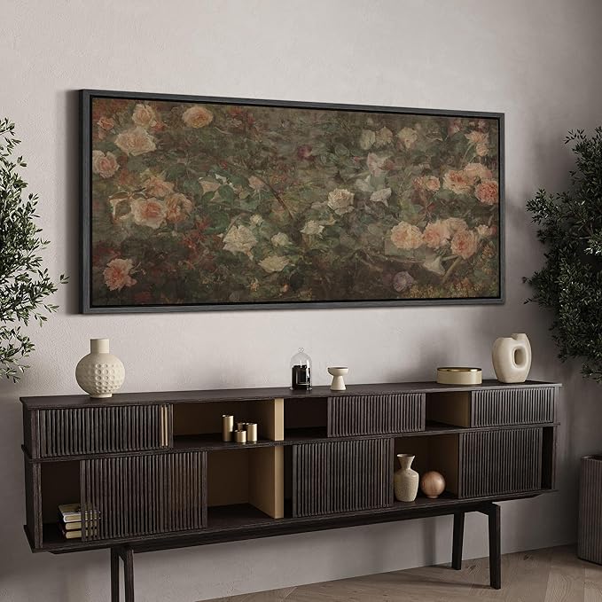 SIGNFORD Extra Large Framed Canvas Vintage White Rose Garden Print Classic Floral Illustrations Modern Art Calm Warm for Living Room, Bedroom, Office - 60"x30"