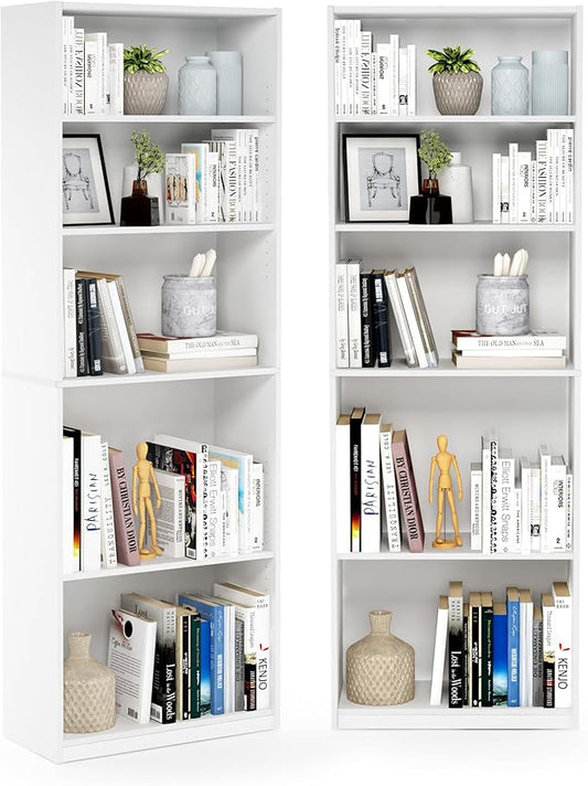 Furinno Jaya Book Shelf Set of 2, 5-Tier Bookshelf, Bookcase, with Adjustable Shelf, 9.5 x 24.5 x 71, for Home Office, Living Room, White