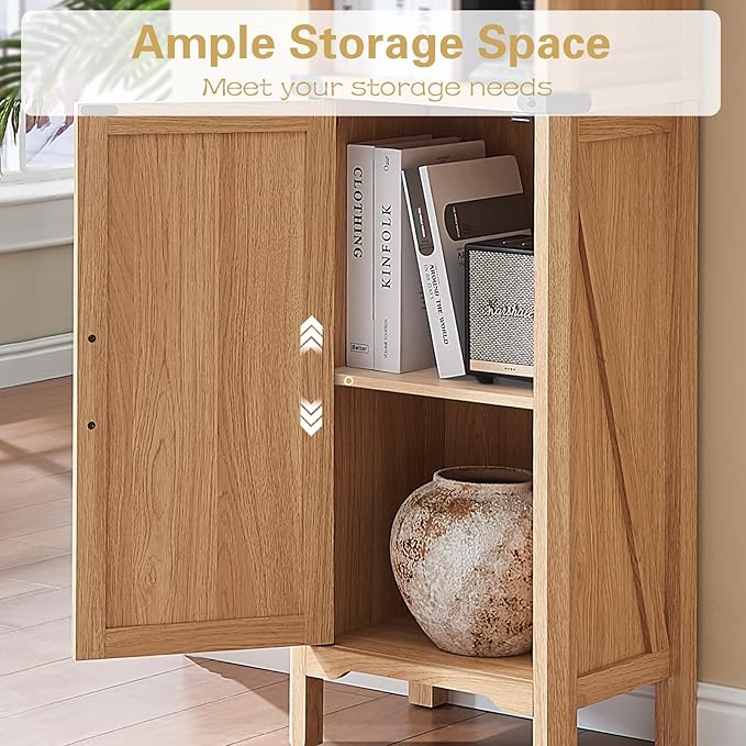 71" Tall Bookshelf, 5 Tier Bookcase with Adjustable Shelves and Barn Doors,Natural Wood Farmhouse Bookshelf with Storage Cabinet,Wood Freestanding Display Bookshelves for Bedroom,Living Room