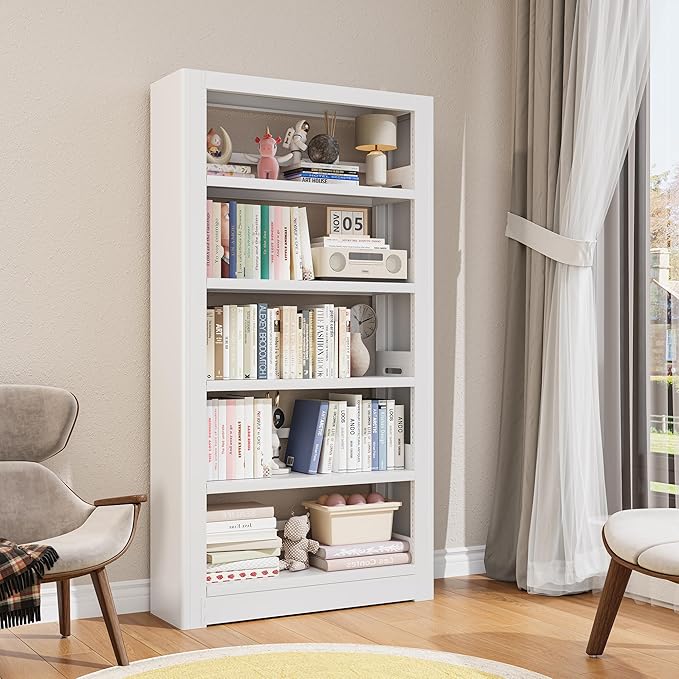 Heavy Duty Metal Bookshelf, 5 Shelf Adjustable Bookcase, 69’’ Tall Modern Bookshelves, Open Book Shelf Organizer, Large Sturdy Book Case for Living Room, Library, Office, White Book Shelf