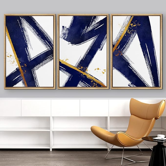 IDEA4WALL Framed Canvas Print Wall Art Set Blue Gold Geometric Graffiti Paint Stripes Abstract Shapes Illustrations Modern Art Contemporary for Living Room, Bedroom, Office - 24"x36"x3 Natural
