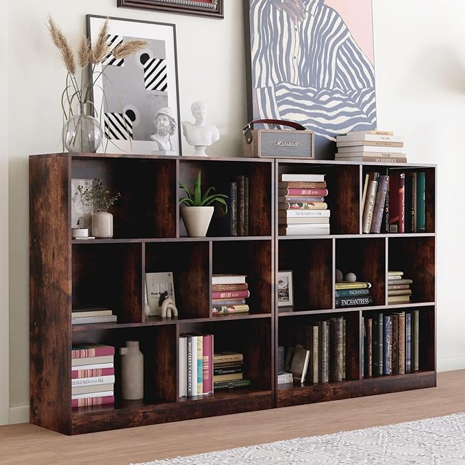 7 Cube Wooden Bookshelf with Base,3-Tier Freestanding Open Storage Organizer,Multi-Functional Bookcase for Living Room,Bedroom,Study and Office (Dark Brown, 7-Cube)