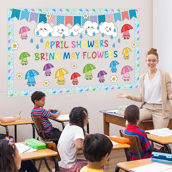 gisgfim April Showers Bring May Flowers Bulletin Board Set Spring Easter Classroom Decorations Colorful Umbrella Clouds Floral Paper Cutouts for School Home Nursery Chalkboard Door Wall Decor