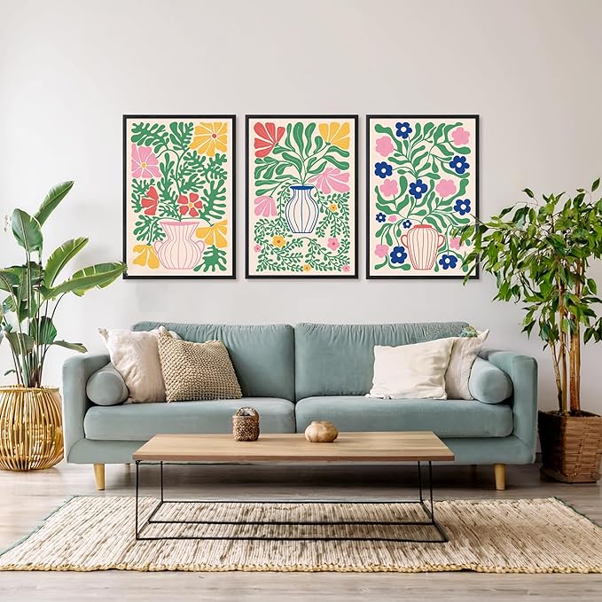 CHDITB Matisse Flowers Vase Framed Canvas Wall Art(24"x36"), 3 Panels Colorful Boho Florals Botanical Plants Artwork Printings, Large Scandinavian Gallery Decor Painting for Bedroom Dining Room Office