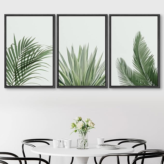SIGNFORD Framed Canvas Print Wall Art Set Rustic Green Retro Tropical Jungle Plants Nature Wilderness Photography Modern Minimal Scenic Relax/Calm for Living Room, Bedroom, Office - 24"x36"x3 Black