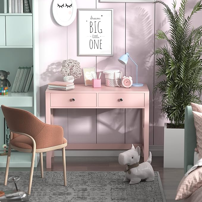 WiberWi Home Office Desk with Drawers, Modern Writing Computer Desk for Bedroom, Small Pink Makeup Vanity Table for Girls, Study Table for Home Office