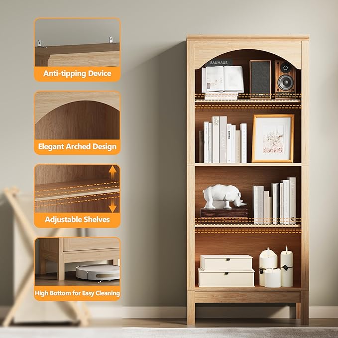 Arched Bookshelf with 4 Tier Open Shelves, 56" Tall Wood Bookcase with Adjustable Shelves, 24" Wide Floor Standing Display Storage Shelf for Home Office, Kitchen, Study and Living Room, Natural Oak