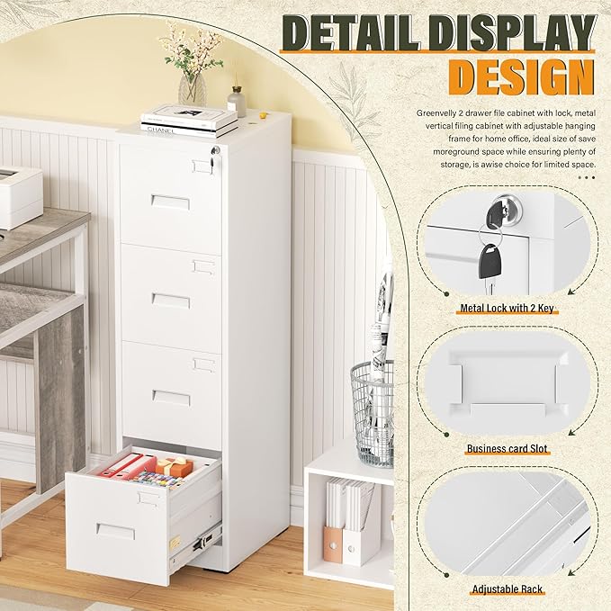 Greenvelly 4 Drawer File Cabinet with Lock, Metal Filing Cabinet for Home Office, Locking Vertical File Cabinet, 18" D File Cabinets for Home Office, Easy Assemble (White)