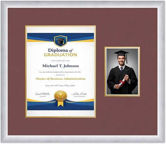 Diploma Frame With Photo Opening Stainless Silver Dark Red Over Gold Mat - Fits 10 x 13 Degree and Picture Made in the USA