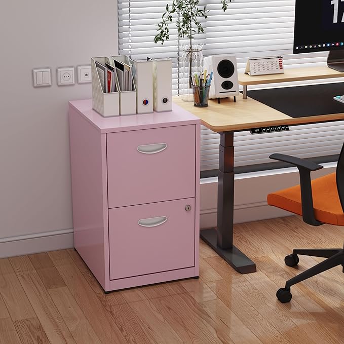 Pink Under Desk File Cabinet, 2 Drawer Locking Cabinet for Home Office, Letter Size - Assembly Required
