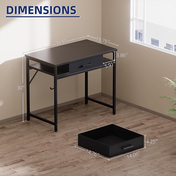 Pamray 32 Inch Small Computer Desk with Drawer and Shelves Simple Study Work Table for Bedroom White