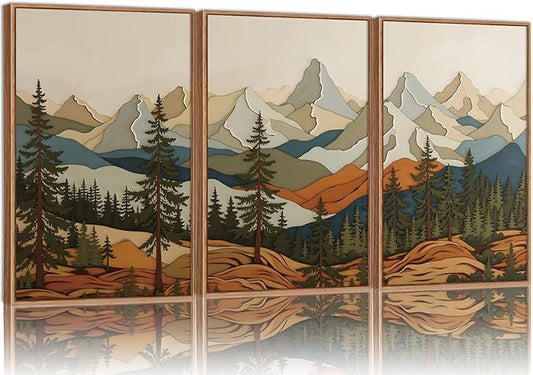 SIGNINART Vintage Mountains Framed Canvas Wall Art, Wooden Forest Wall Decor, Green Wood Pine Trees Wilderness Artwork, Natural Ridge Landscape Art Paintings for Living Room Bedroom Office 24"x36"x3