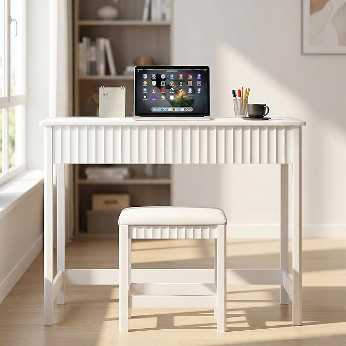 ChooChoo 40 Inch Modern Desk with Drawers, Makeup Vanity Desk with Padded Stool, Small Home Office Desk for Bedroom, White