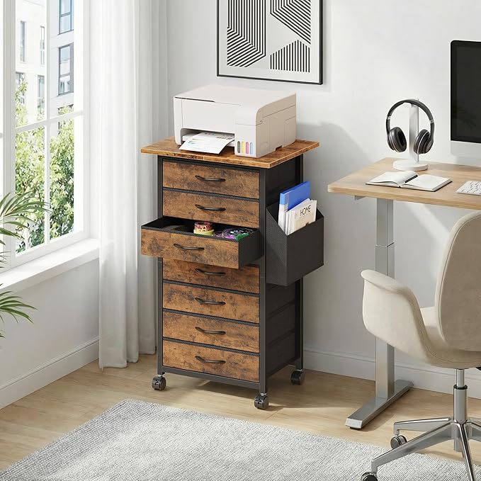 7 Fabric Drawers File Cabinet with Side Pocket, Rolling Printer Stand with Storage for Home Office, Wood Top Storage Cabinet for Documents and Crafts, Rustic Brown, 15" D