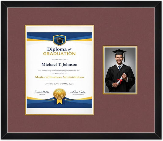 Diploma Frame With Photo Opening Matte Black Dark Red Over Gold Mat - Fits 10 x 13 Degree and Picture Made in the USA