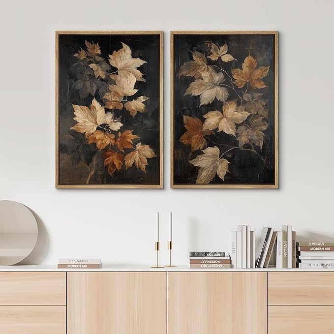 SIGNWIN Framed Canvas Print Wall Art Set Golden Brown Botanical Leaves Vintage Nature Illustrations Modern Art Minimal Boho Relax/Calm for Living Room, Bedroom, Office - 16"x24"x2 Natural